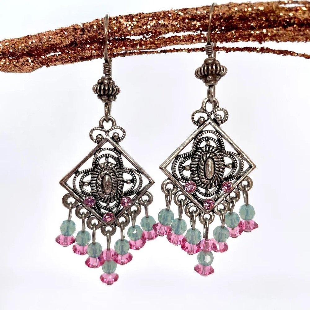 ⚜️ Blue and Pink Silver Square Chandelier Earrings